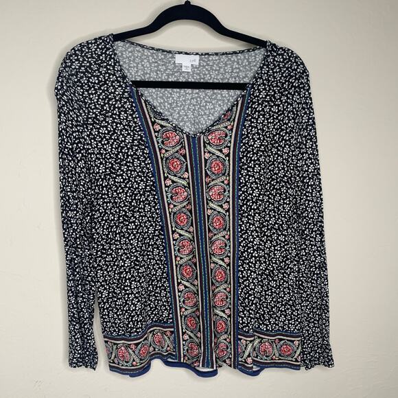 J. Jill Black Floral Knit Top Blouse Sz Petite Medium - Picture 5 of 9